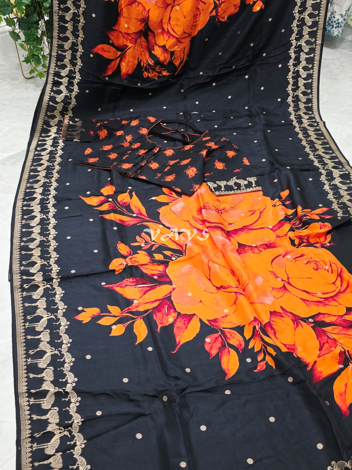 Royal Onyx Black Munga Crepe Silk Saree with Sunset Orange Floral Print, Antique Gold Peacock Border & Stitched Blouse Size 40–46