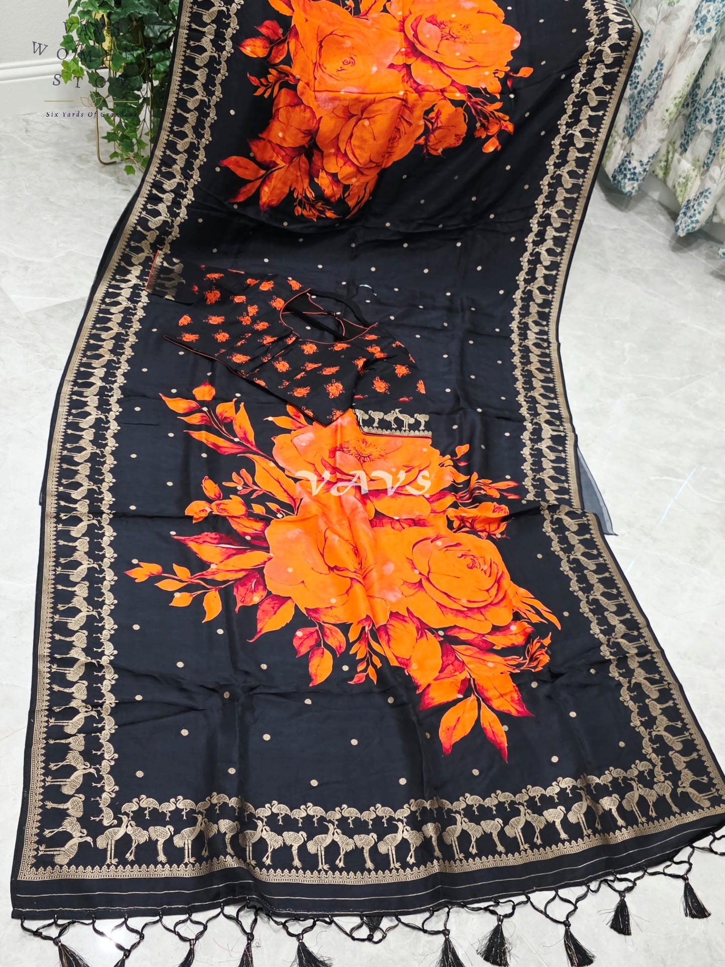 Royal Onyx Black Munga Crepe Silk Saree with Sunset Orange Floral Print, Antique Gold Peacock Border & Stitched Blouse Size 40–46