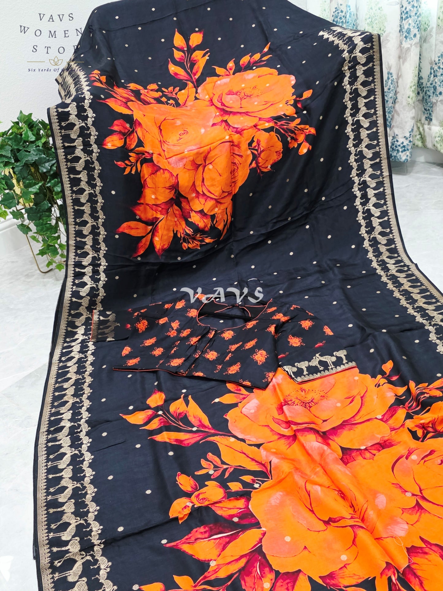 Royal Onyx Black Munga Crepe Silk Saree with Sunset Orange Floral Print, Antique Gold Peacock Border & Stitched Blouse Size 40–46