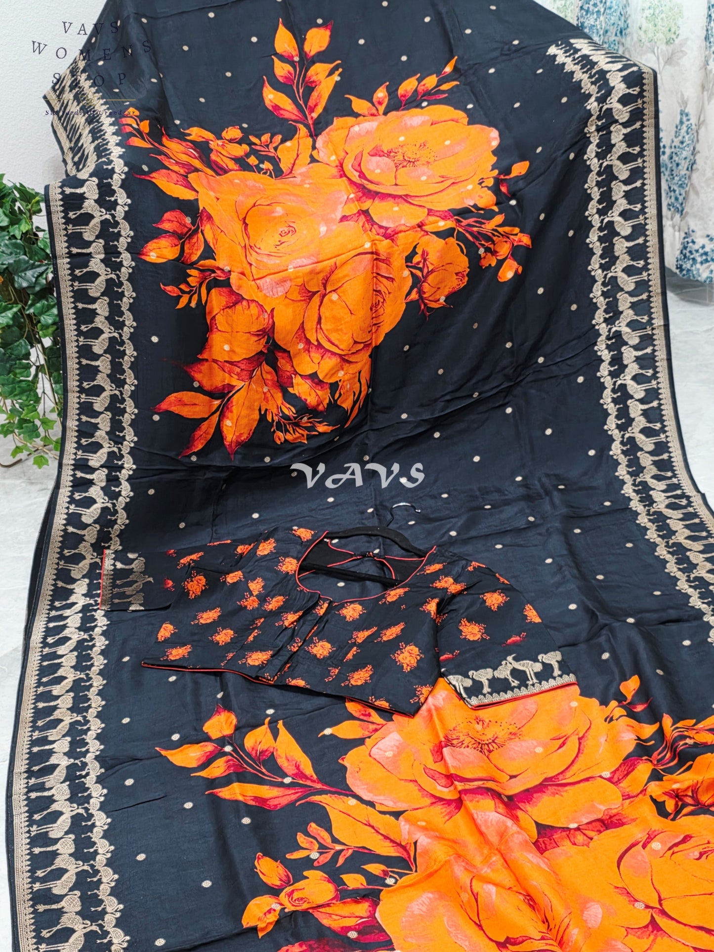 Royal Onyx Black Munga Crepe Silk Saree with Sunset Orange Floral Print, Antique Gold Peacock Border & Stitched Blouse Size 40–46