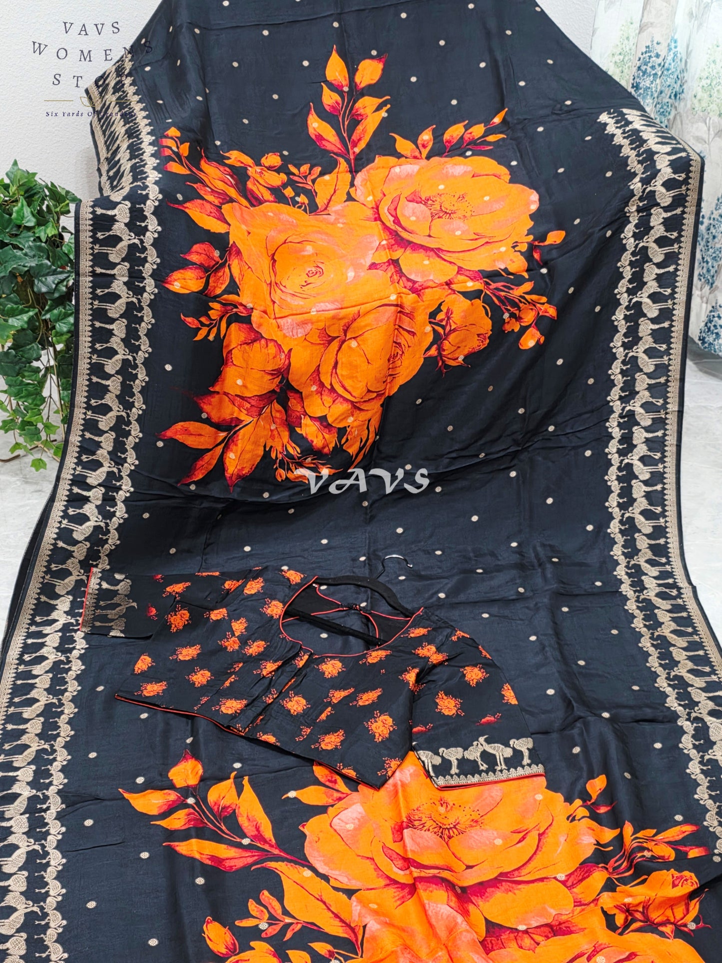 Royal Onyx Black Munga Crepe Silk Saree with Sunset Orange Floral Print, Antique Gold Peacock Border & Stitched Blouse Size 40–46