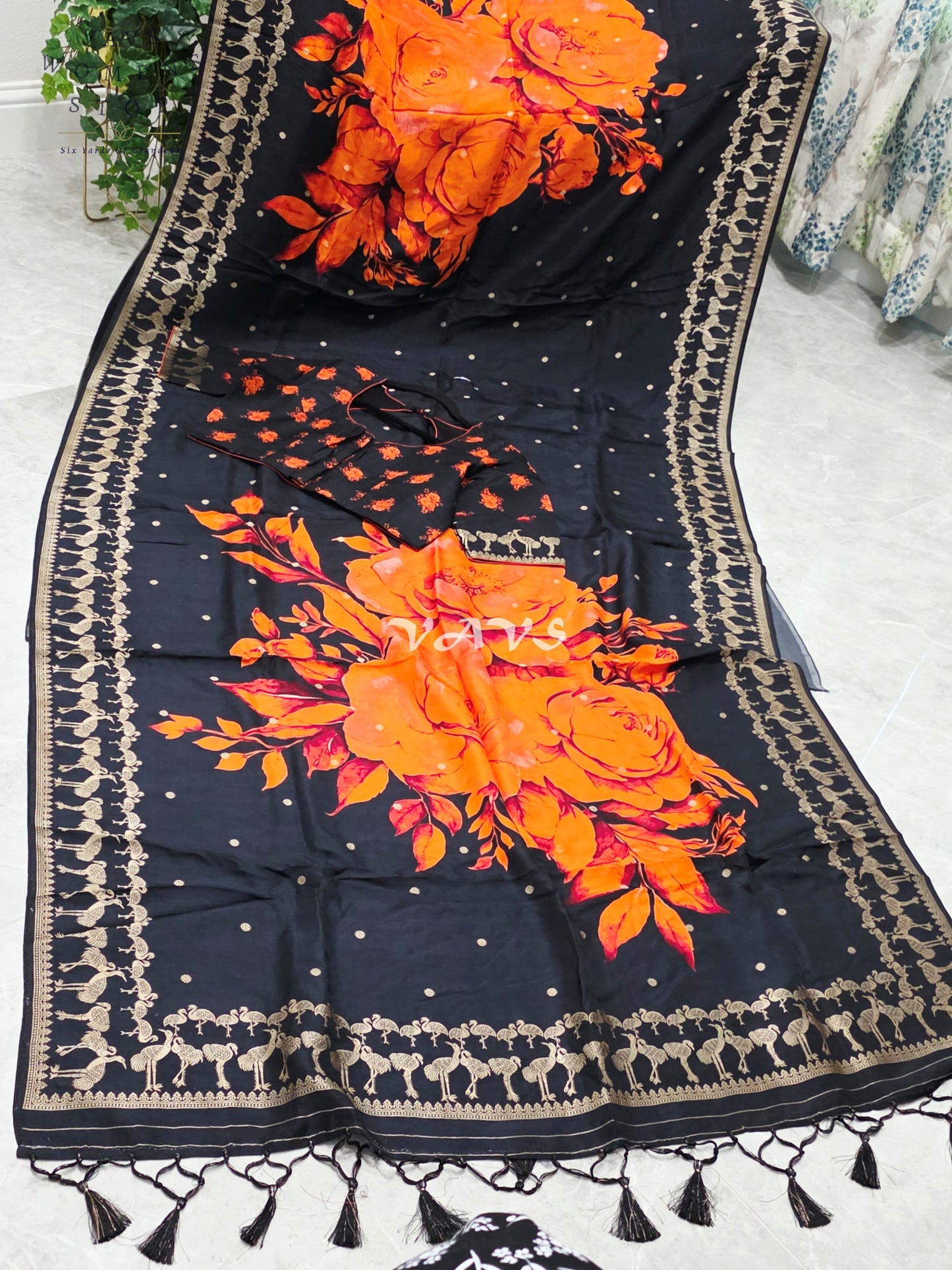 Royal Onyx Black Munga Crepe Silk Saree with Sunset Orange Floral Print, Antique Gold Peacock Border & Stitched Blouse Size 40–46