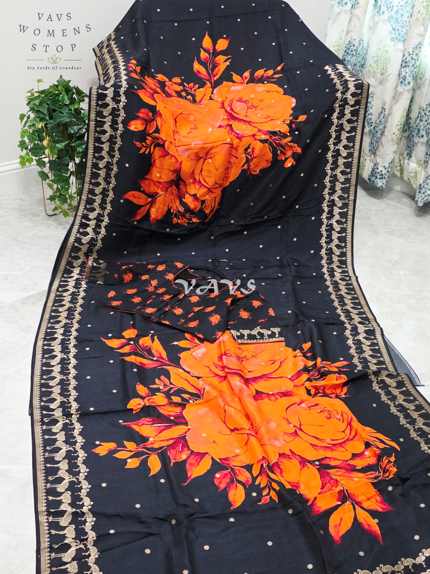 Royal Onyx Black Munga Crepe Silk Saree with Sunset Orange Floral Print, Antique Gold Peacock Border & Stitched Blouse Size 40–46