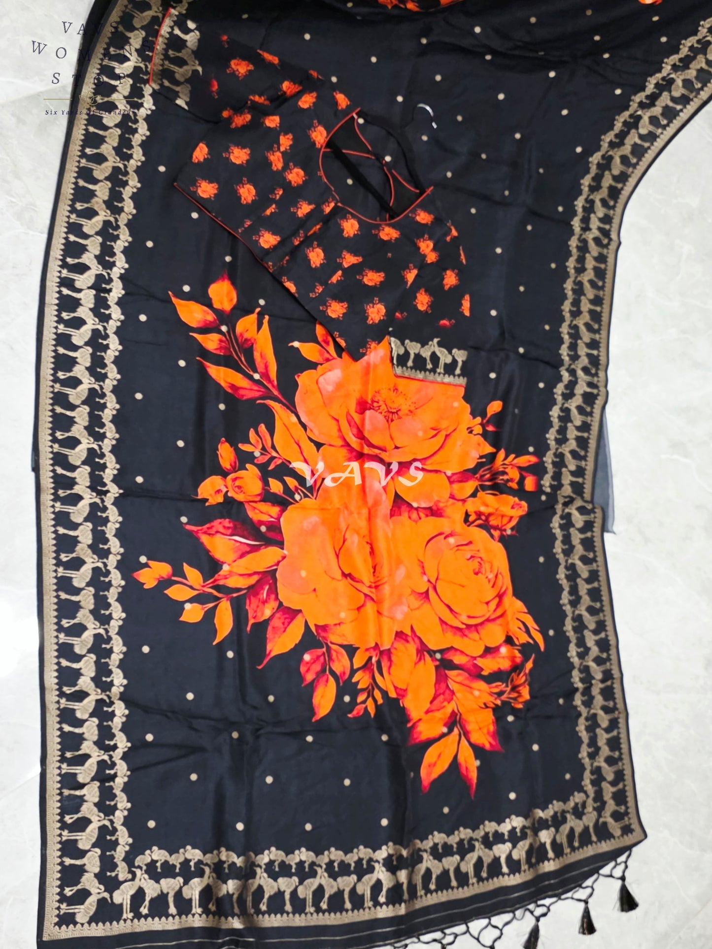 Royal Onyx Black Munga Crepe Silk Saree with Sunset Orange Floral Print, Antique Gold Peacock Border & Stitched Blouse Size 40–46