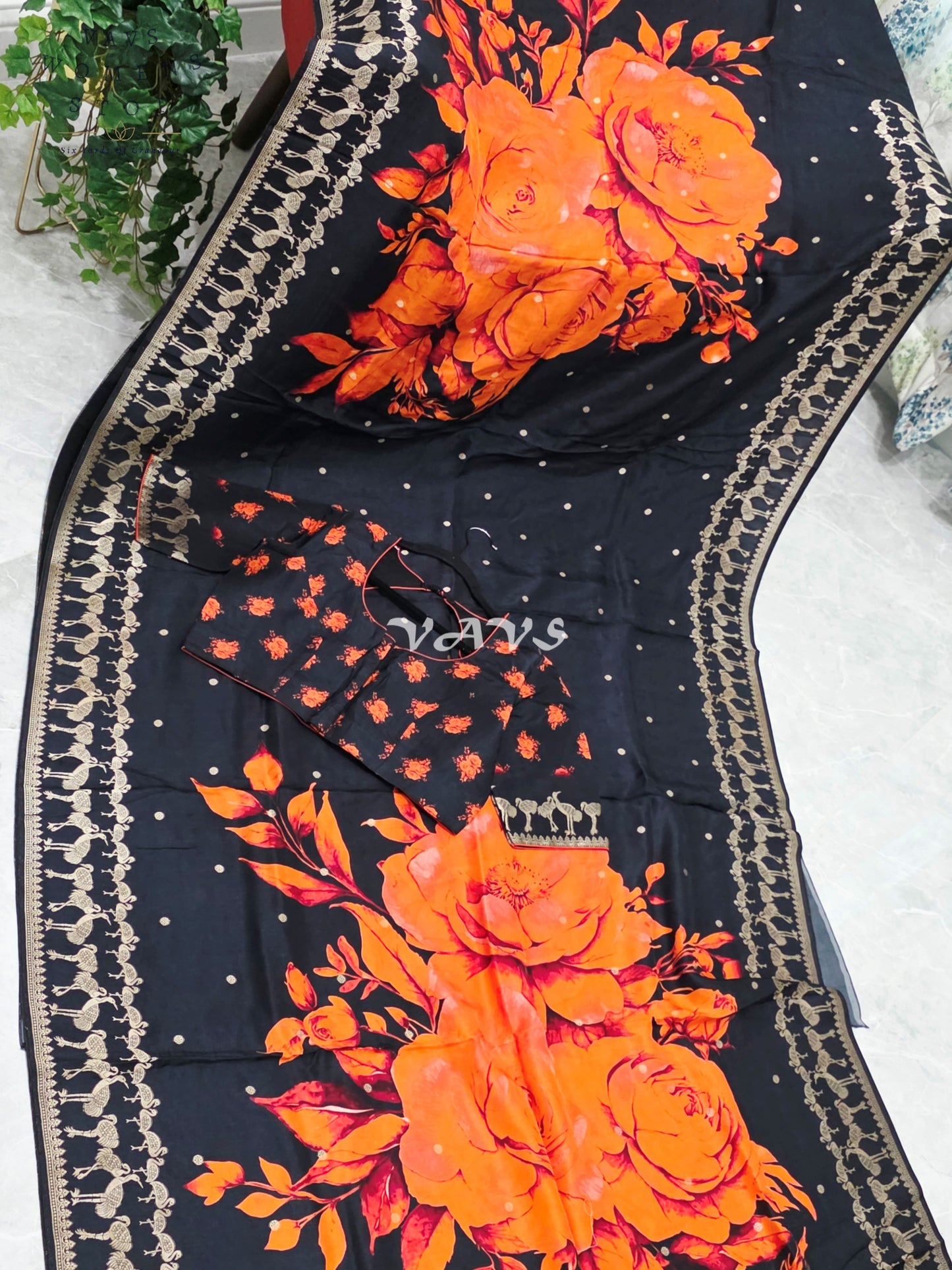 Royal Onyx Black Munga Crepe Silk Saree with Sunset Orange Floral Print, Antique Gold Peacock Border & Stitched Blouse Size 40–46