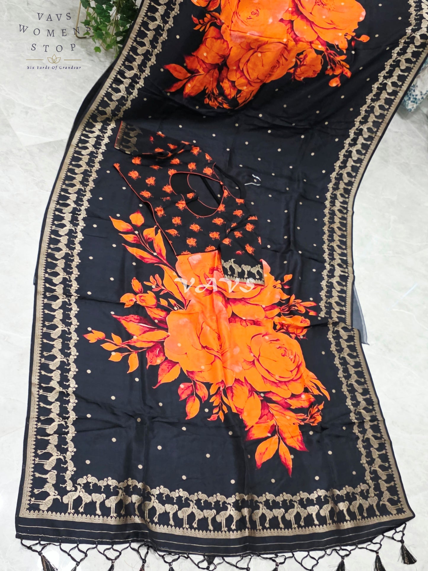 Royal Onyx Black Munga Crepe Silk Saree with Sunset Orange Floral Print, Antique Gold Peacock Border & Stitched Blouse Size 40–46