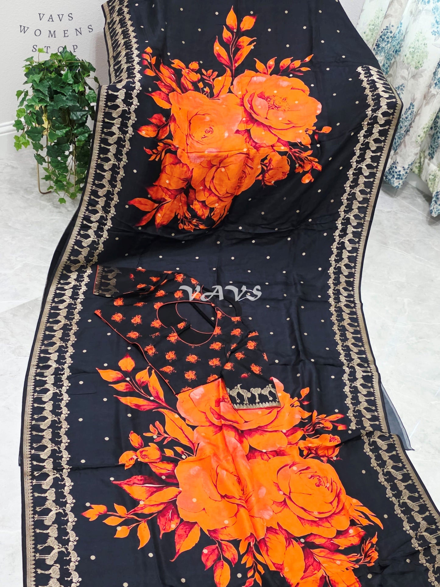 Royal Onyx Black Munga Crepe Silk Saree with Sunset Orange Floral Print, Antique Gold Peacock Border & Stitched Blouse Size 40–46