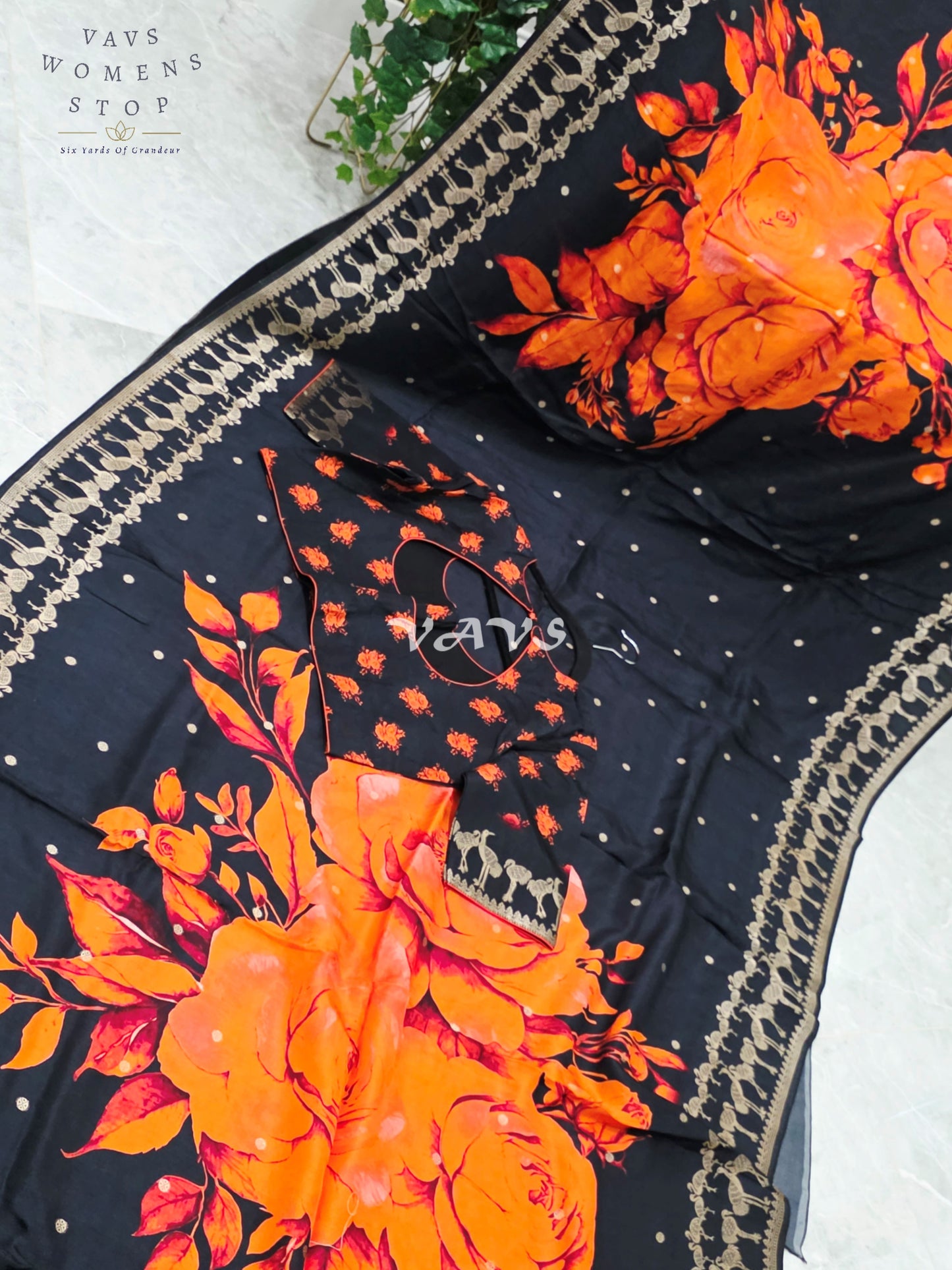 Royal Onyx Black Munga Crepe Silk Saree with Sunset Orange Floral Print, Antique Gold Peacock Border & Stitched Blouse Size 40–46
