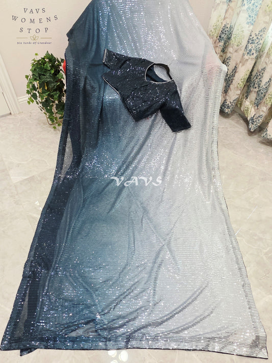 Royal Midnight Peacock Teal Blue & Icy Silver Ombre Net Sequin Saree with Stitched Blouse