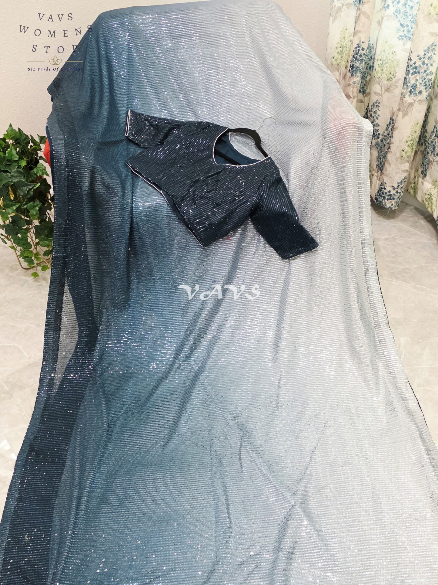 Royal Midnight Peacock Teal Blue & Icy Silver Ombre Net Sequin Saree with Stitched Blouse