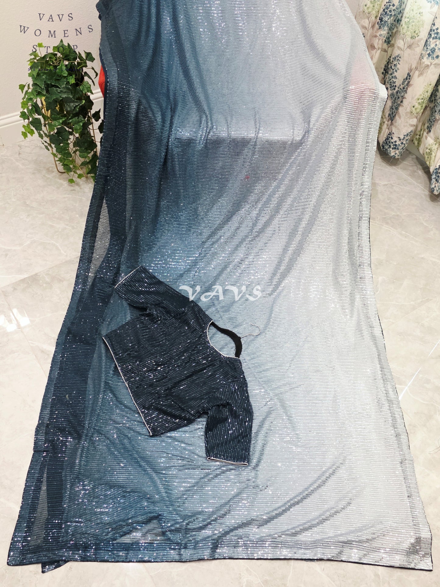 Royal Midnight Peacock Teal Blue & Icy Silver Ombre Net Sequin Saree with Stitched Blouse