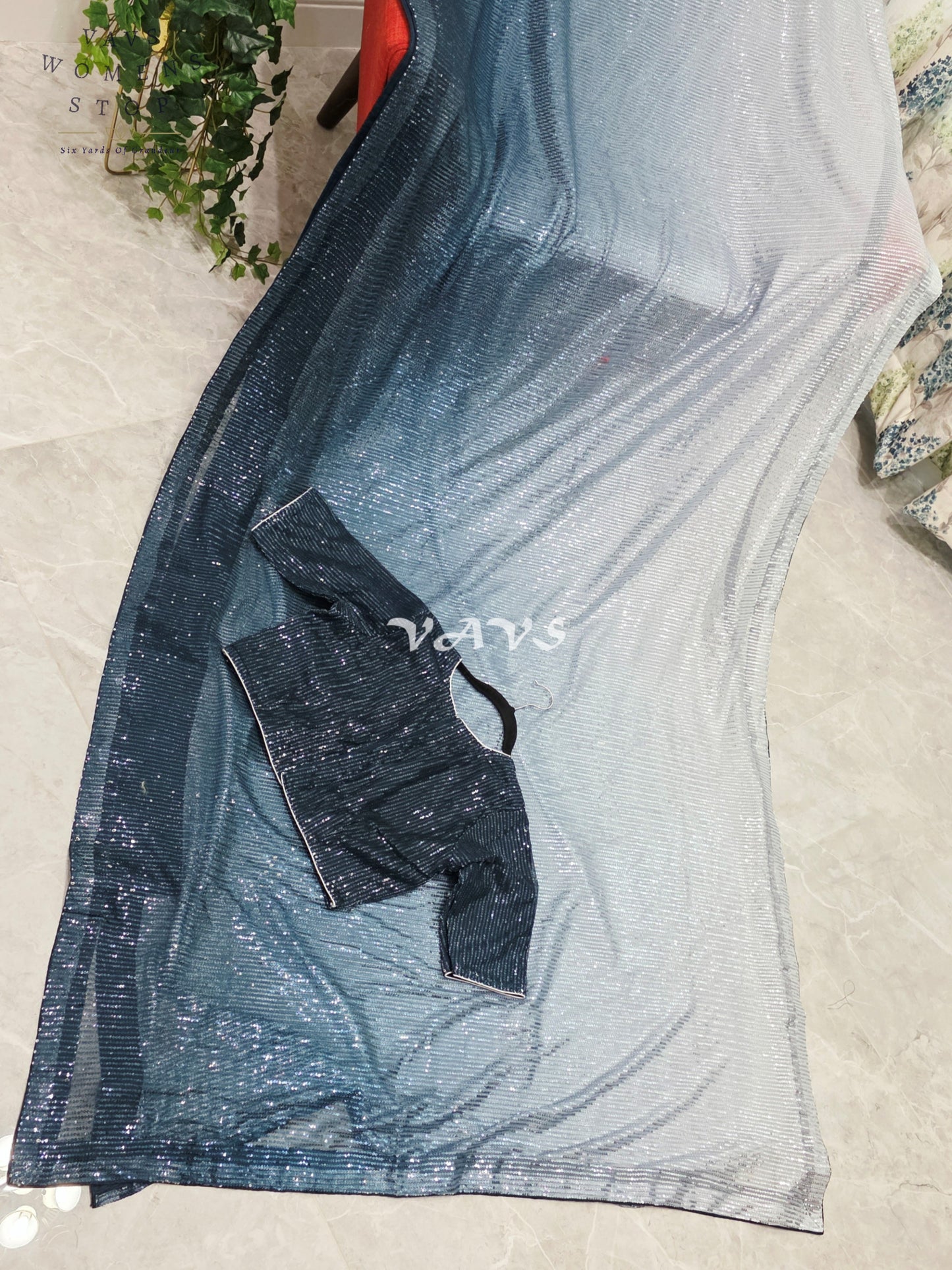 Royal Midnight Peacock Teal Blue & Icy Silver Ombre Net Sequin Saree with Stitched Blouse