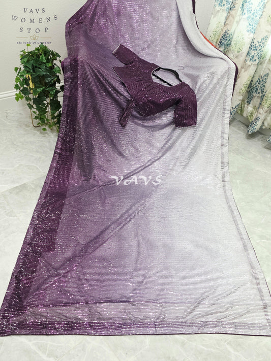 Royal Aubergine Purple & Icy Silver Lilac Ombre Net Sequin Saree with Stitched Blouse