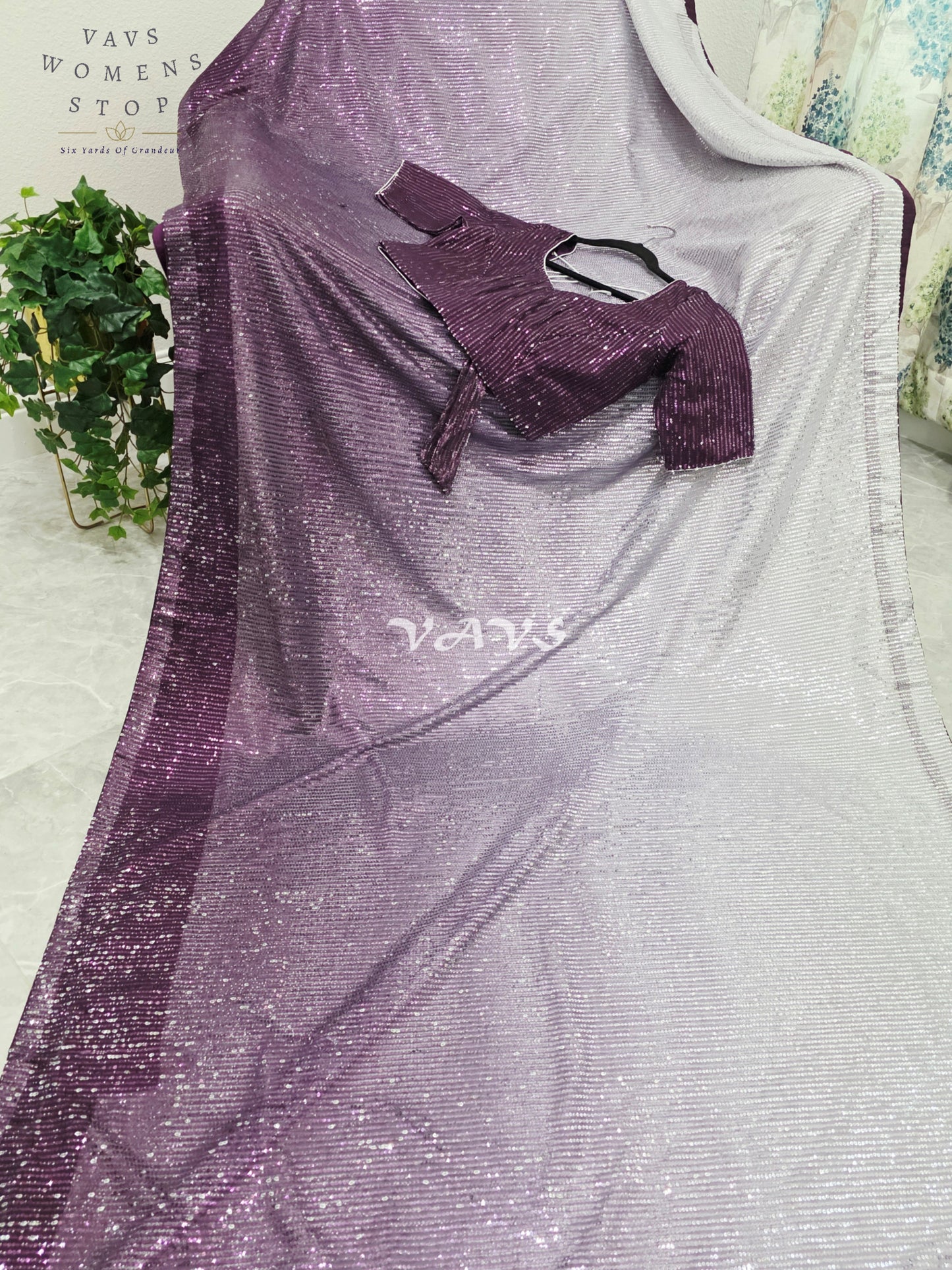 Royal Aubergine Purple & Icy Silver Lilac Ombre Net Sequin Saree with Stitched Blouse