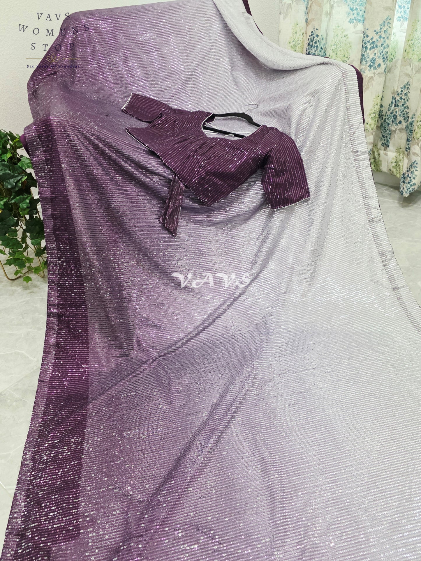 Royal Aubergine Purple & Icy Silver Lilac Ombre Net Sequin Saree with Stitched Blouse