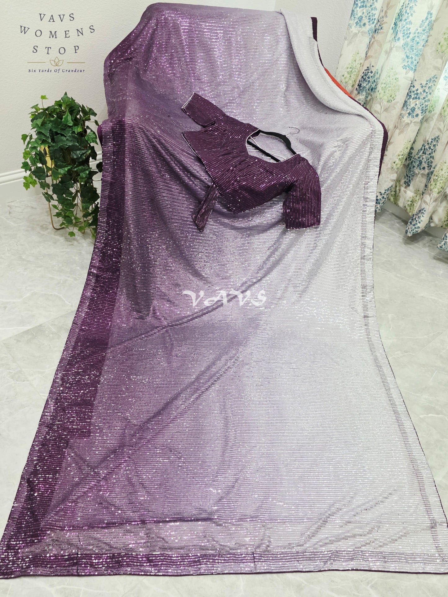 Royal Aubergine Purple & Icy Silver Lilac Ombre Net Sequin Saree with Stitched Blouse