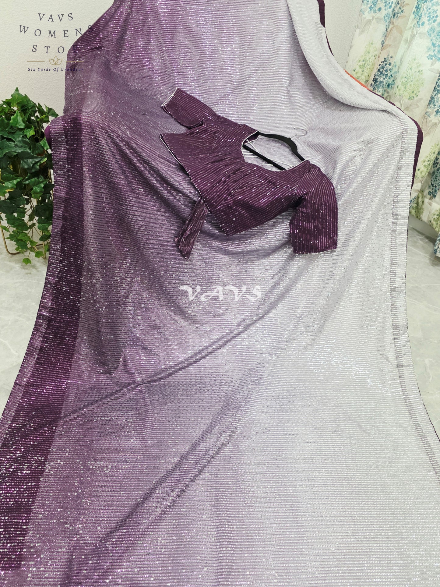 Royal Aubergine Purple & Icy Silver Lilac Ombre Net Sequin Saree with Stitched Blouse