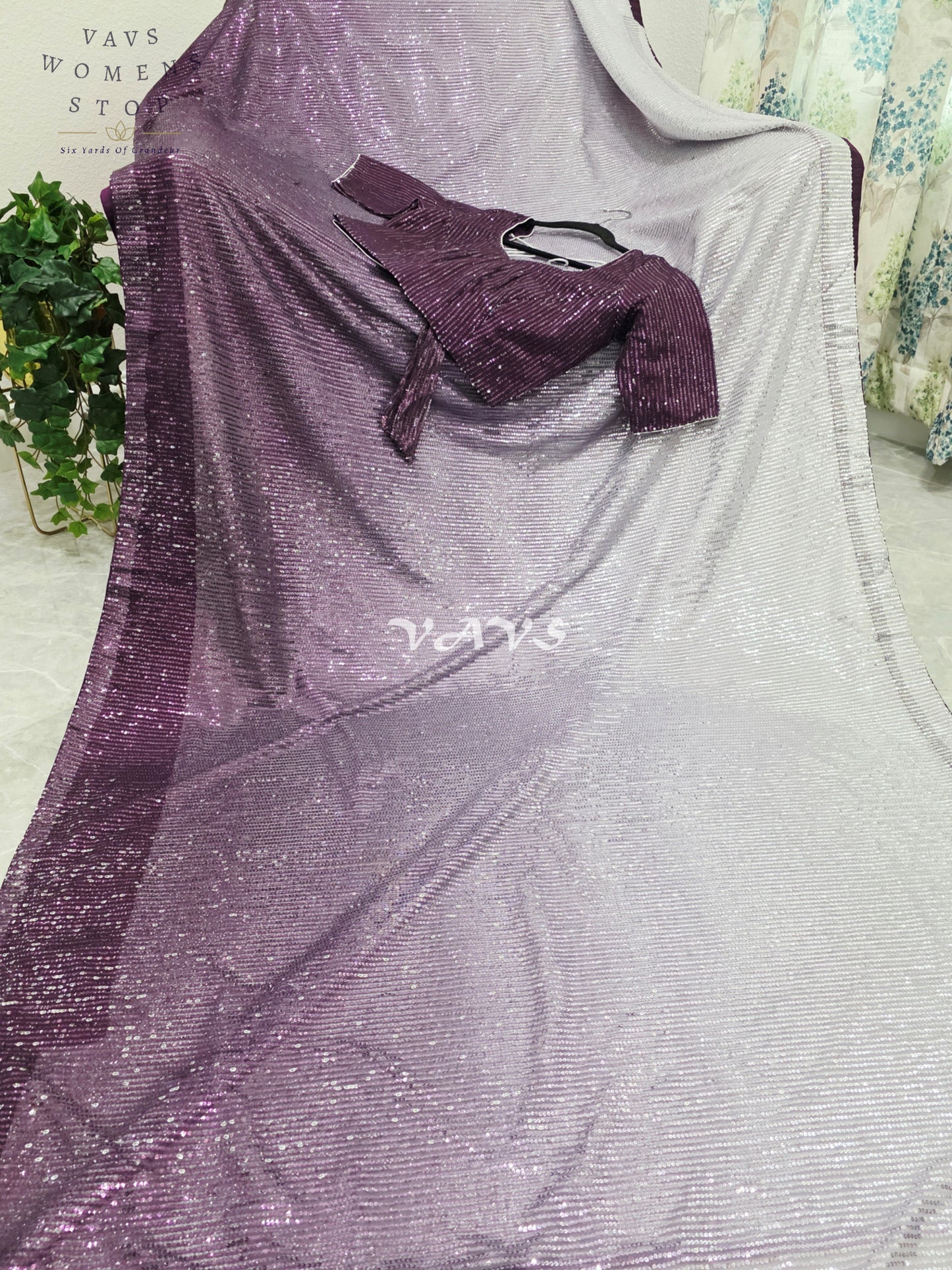 Royal Aubergine Purple & Icy Silver Lilac Ombre Net Sequin Saree with Stitched Blouse
