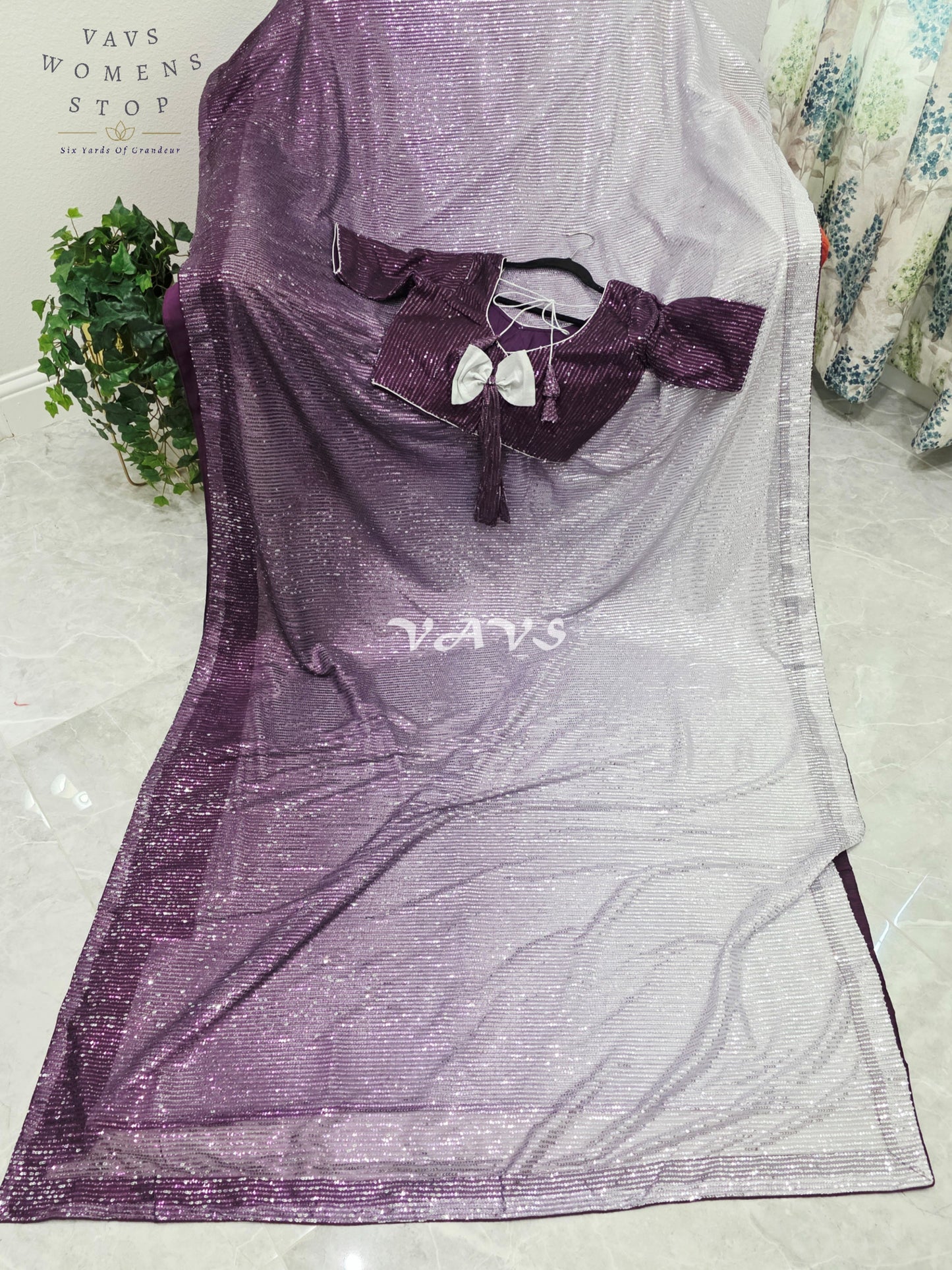 Royal Aubergine Purple & Icy Silver Lilac Ombre Net Sequin Saree with Stitched Blouse