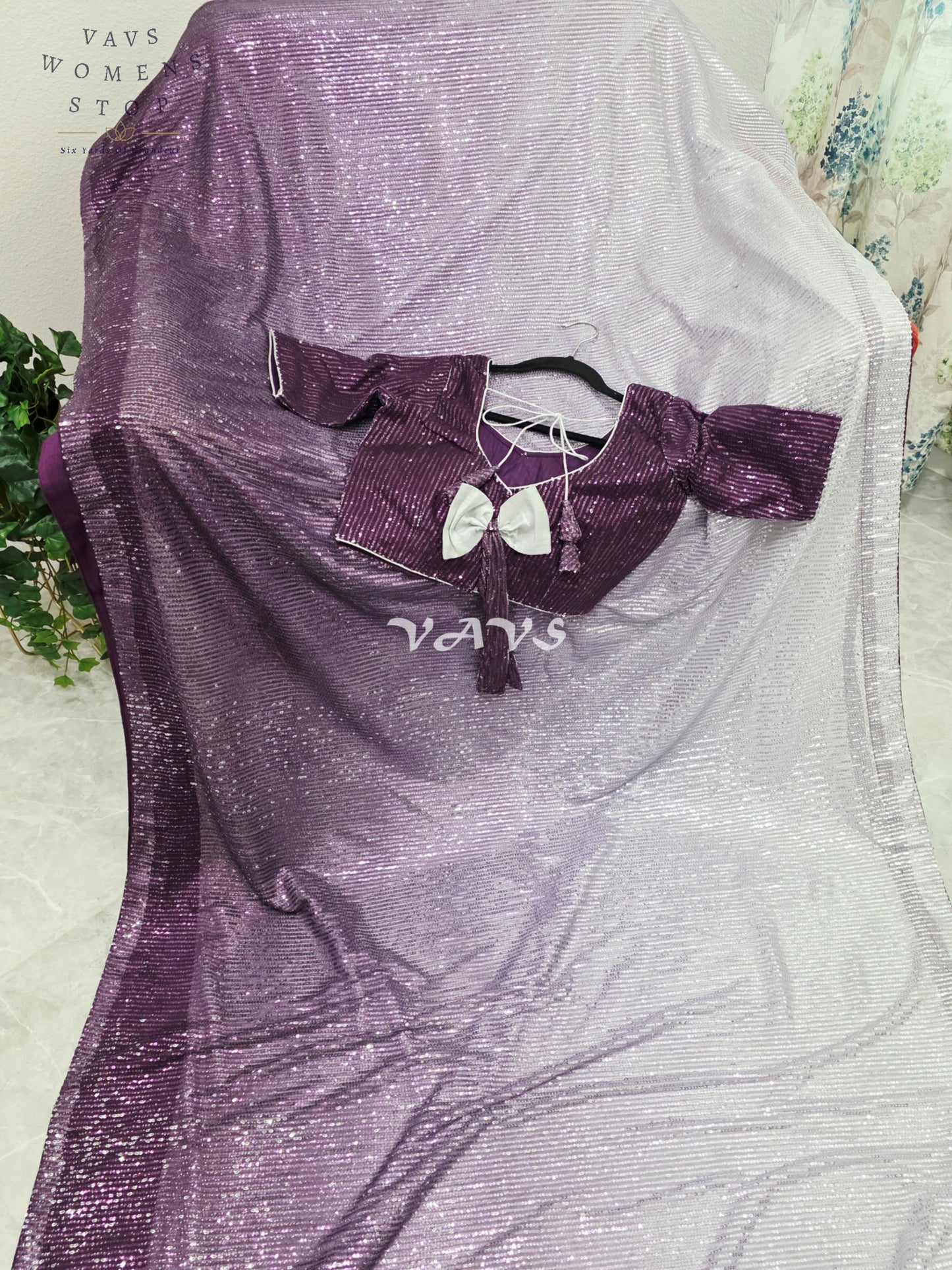 Royal Aubergine Purple & Icy Silver Lilac Ombre Net Sequin Saree with Stitched Blouse