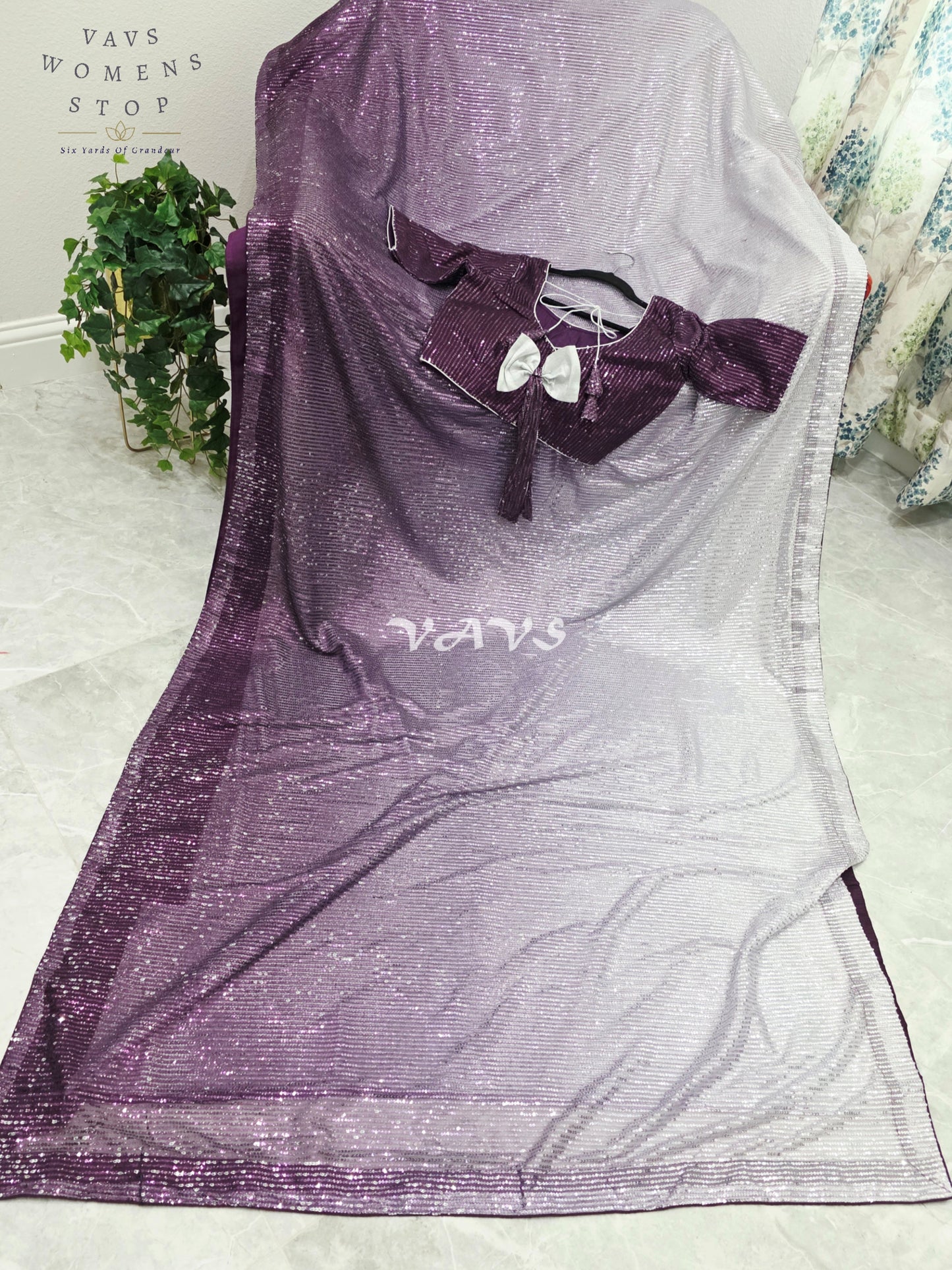 Royal Aubergine Purple & Icy Silver Lilac Ombre Net Sequin Saree with Stitched Blouse