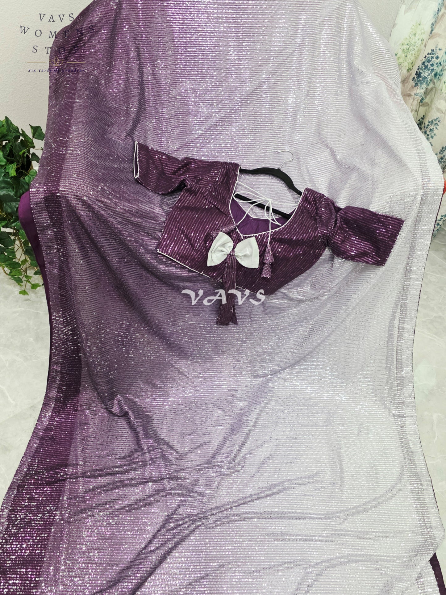 Royal Aubergine Purple & Icy Silver Lilac Ombre Net Sequin Saree with Stitched Blouse