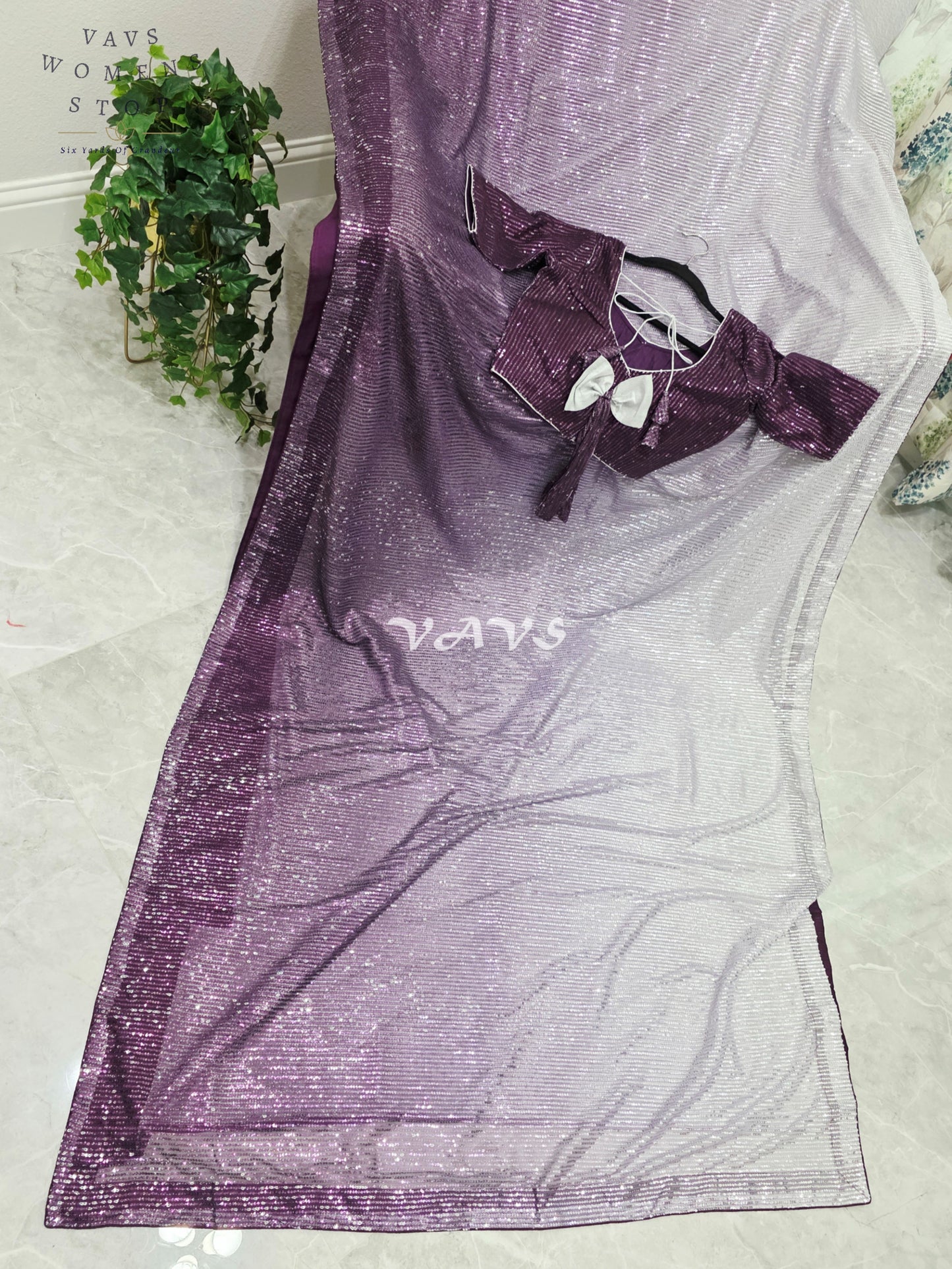 Royal Aubergine Purple & Icy Silver Lilac Ombre Net Sequin Saree with Stitched Blouse