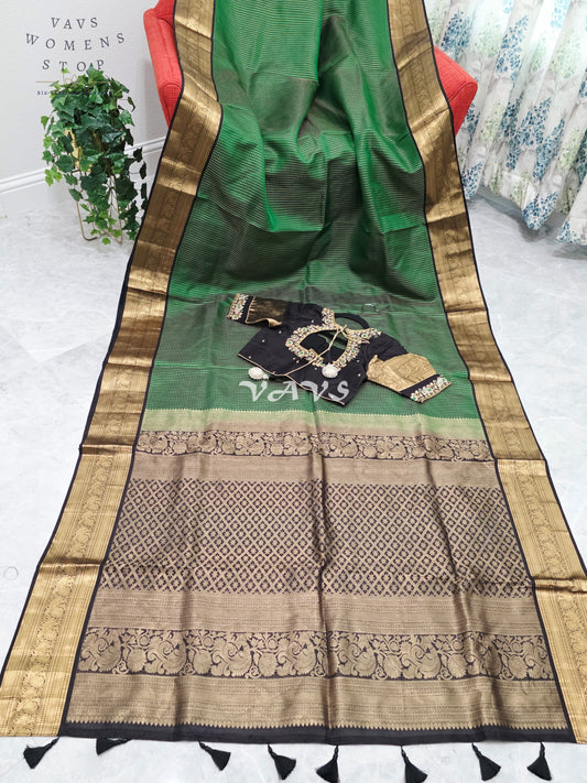 Royal Emerald Green Pure Kanchi Soft Silk Saree with Dark Cocoa Brown & Antique Gold Zari Border and Maggam Blouse Size 36–42