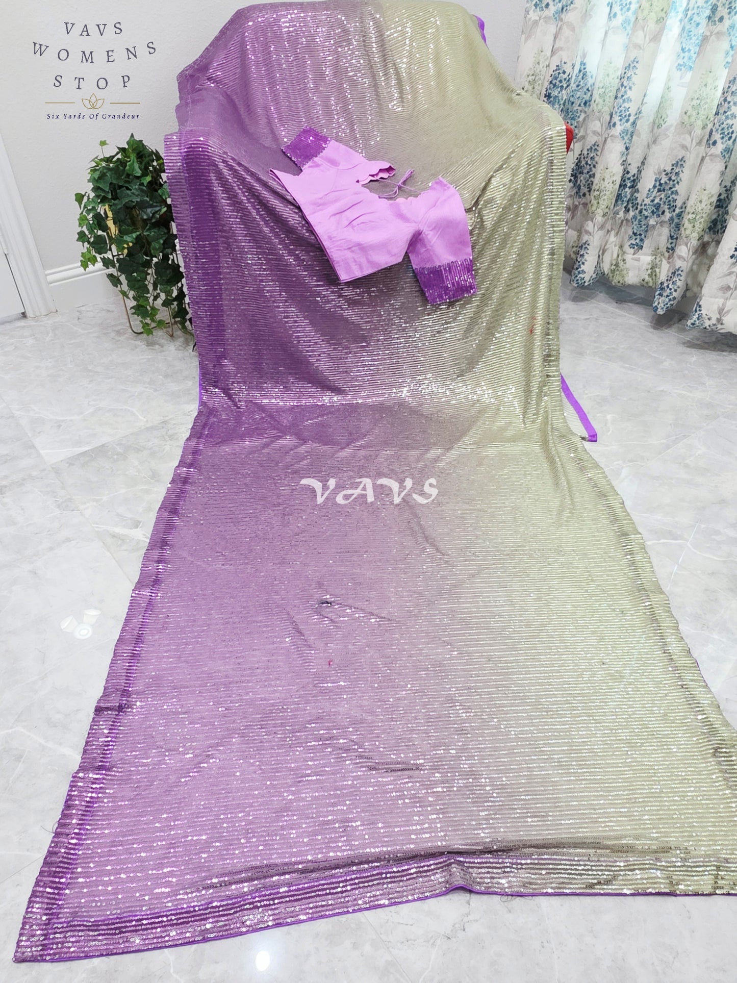 Royal Amethyst Purple & Champagne Gold Ombre Net Sequin Saree with Designer Stitched Blouse