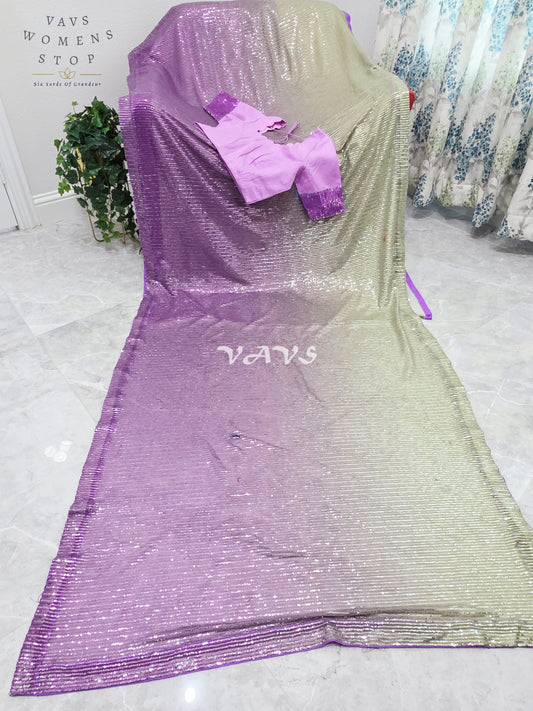 Royal Amethyst Purple & Champagne Gold Ombre Net Sequin Saree with Designer Stitched Blouse