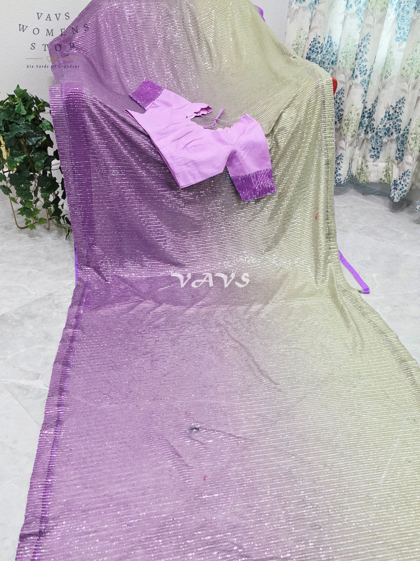 Royal Amethyst Purple & Champagne Gold Ombre Net Sequin Saree with Designer Stitched Blouse