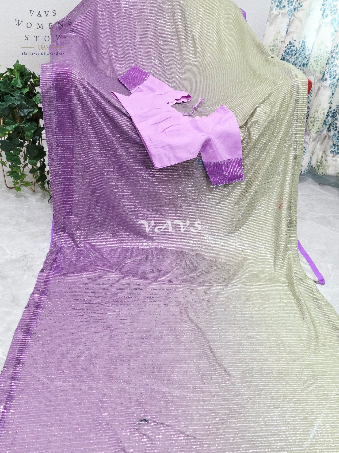 Royal Amethyst Purple & Champagne Gold Ombre Net Sequin Saree with Designer Stitched Blouse
