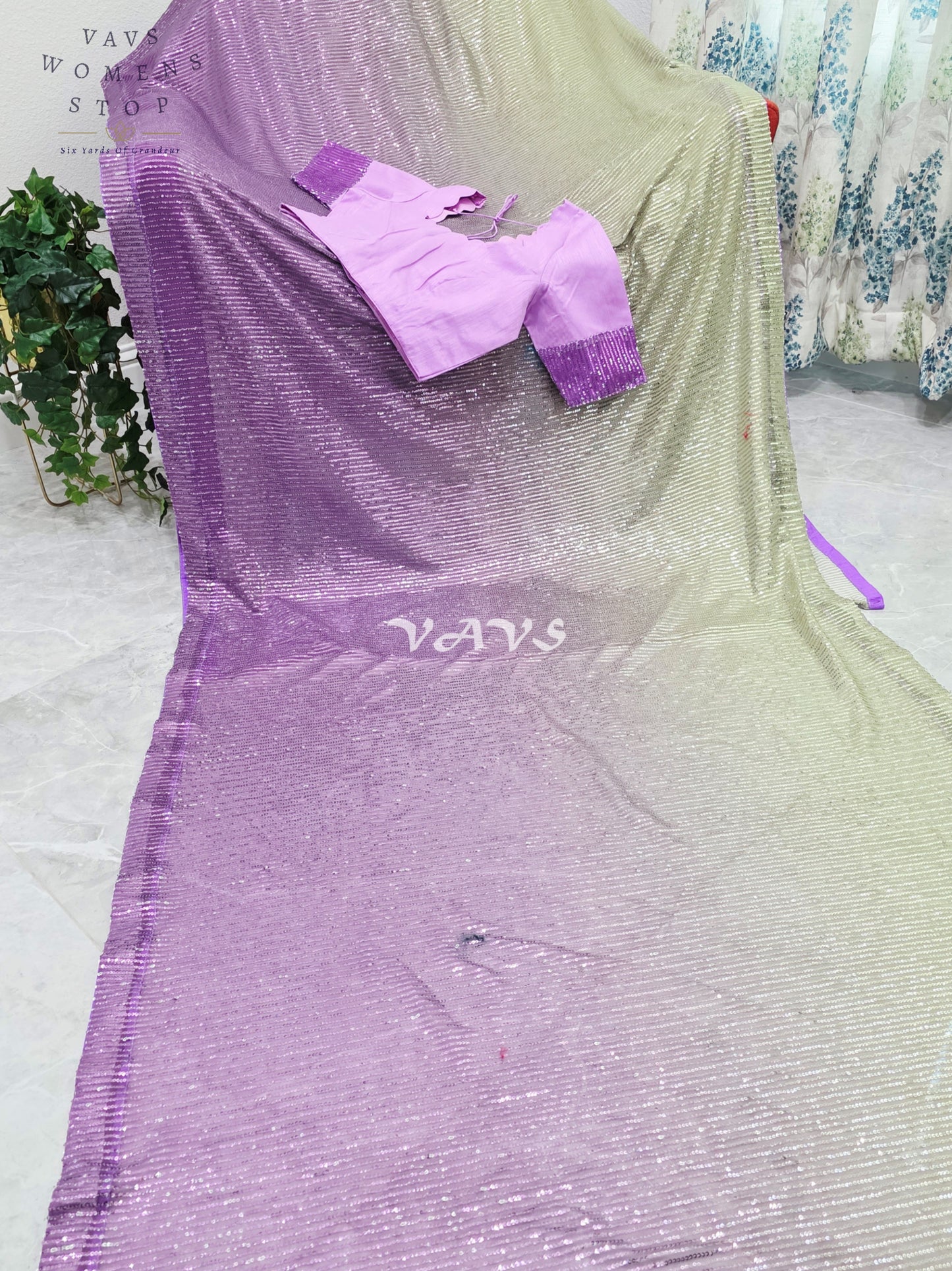 Royal Amethyst Purple & Champagne Gold Ombre Net Sequin Saree with Designer Stitched Blouse