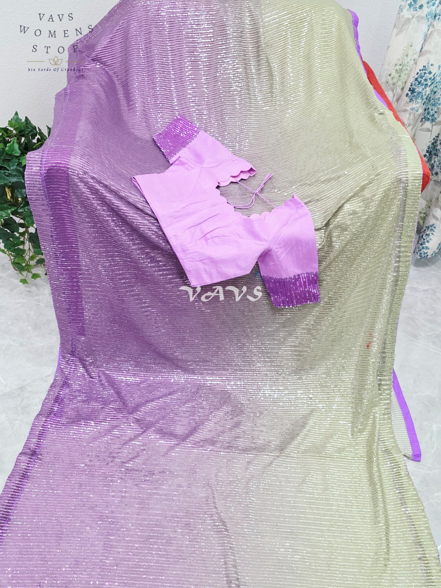 Royal Amethyst Purple & Champagne Gold Ombre Net Sequin Saree with Designer Stitched Blouse