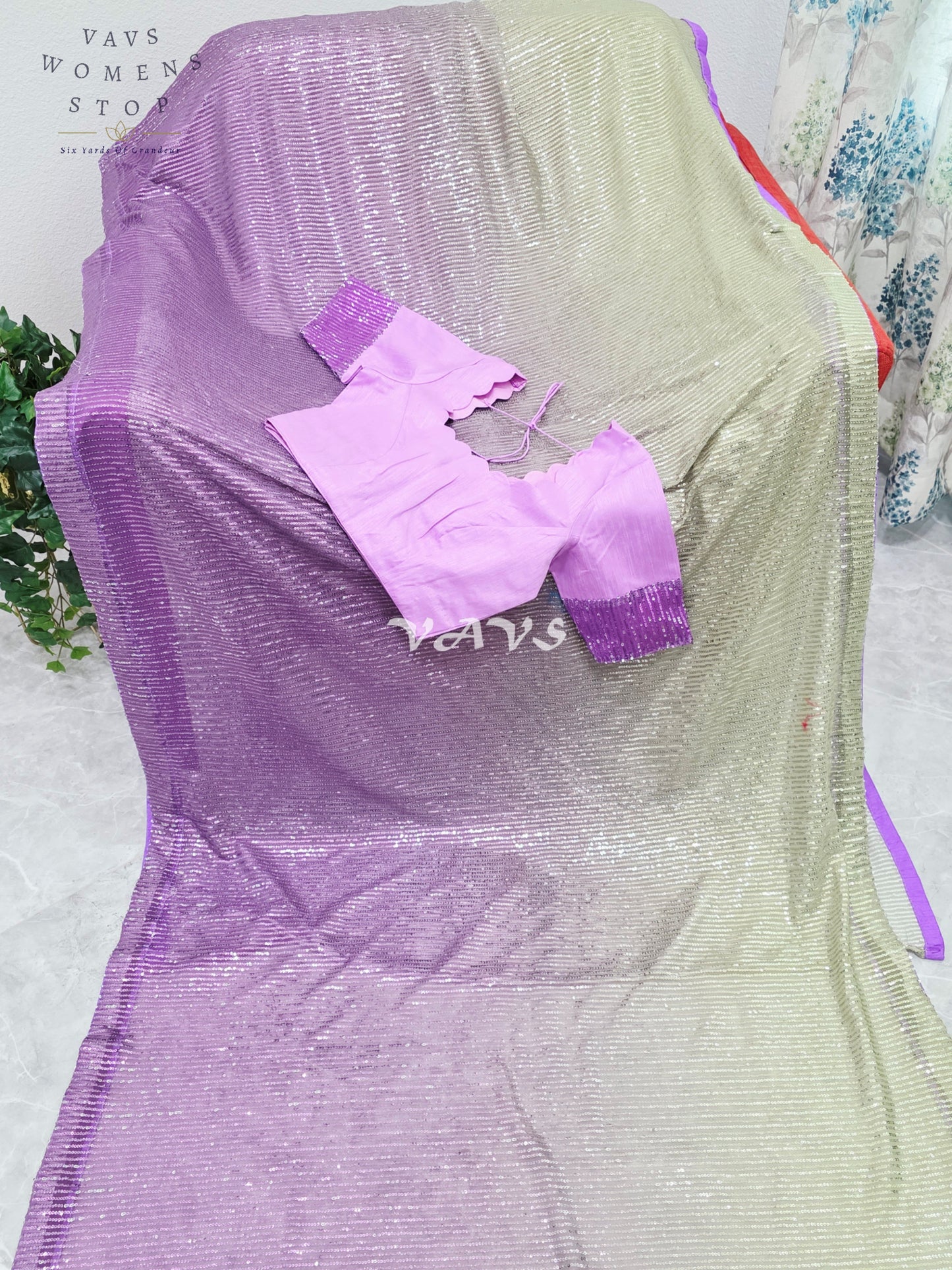 Royal Amethyst Purple & Champagne Gold Ombre Net Sequin Saree with Designer Stitched Blouse