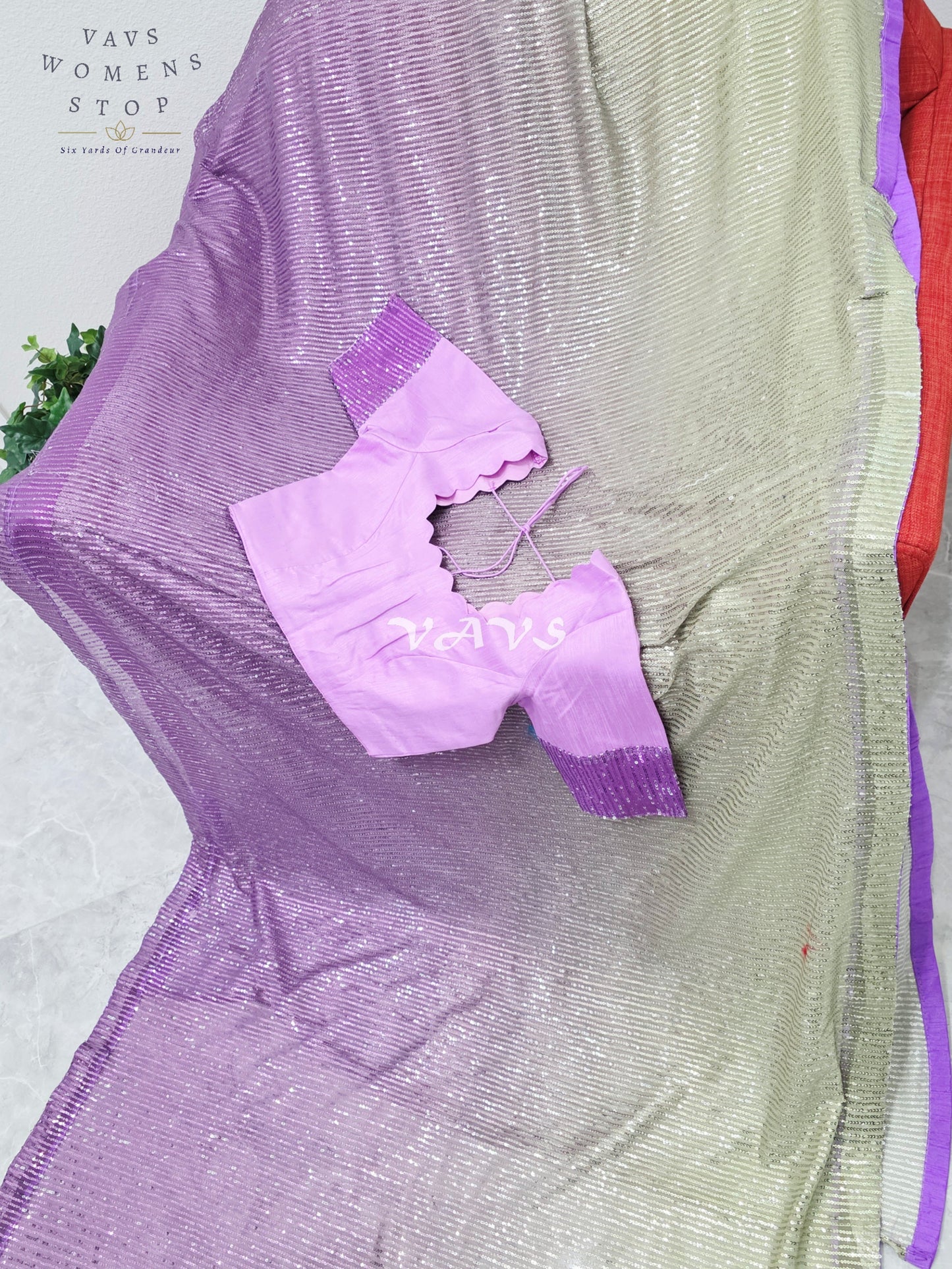 Royal Amethyst Purple & Champagne Gold Ombre Net Sequin Saree with Designer Stitched Blouse