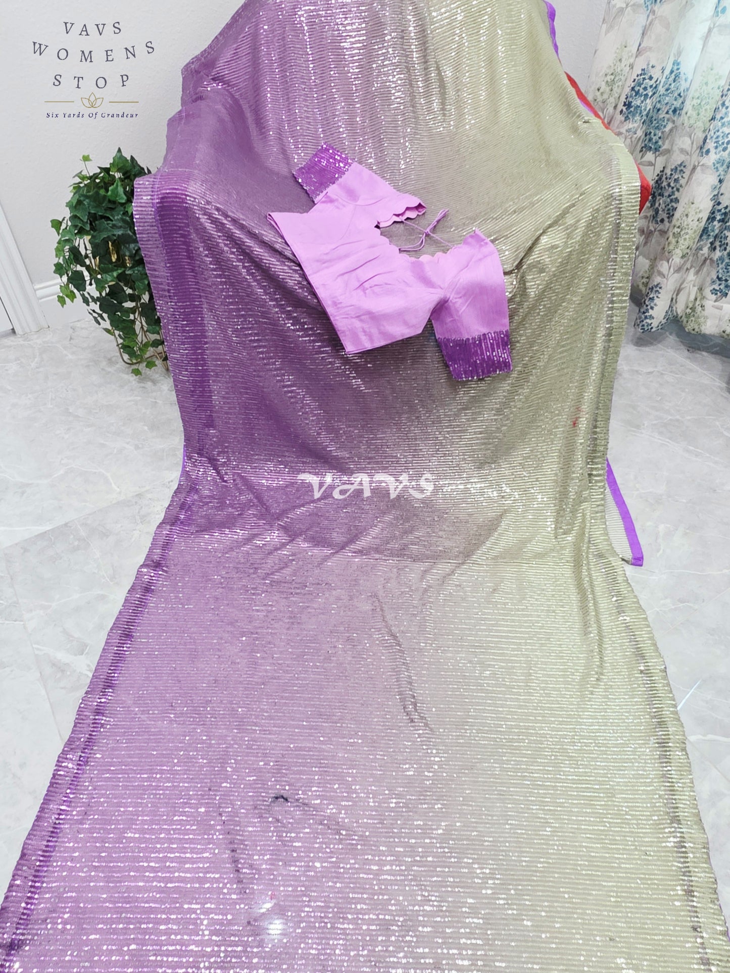 Royal Amethyst Purple & Champagne Gold Ombre Net Sequin Saree with Designer Stitched Blouse