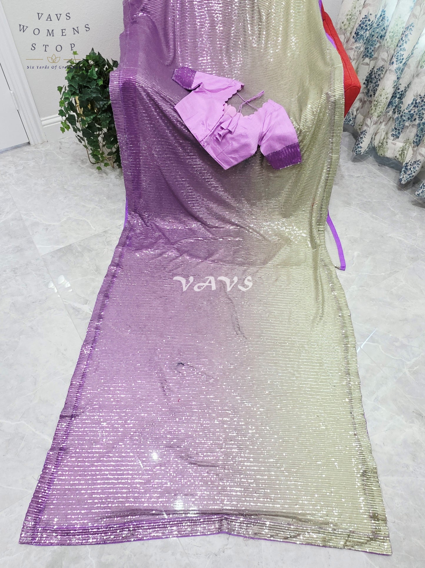 Royal Amethyst Purple & Champagne Gold Ombre Net Sequin Saree with Designer Stitched Blouse