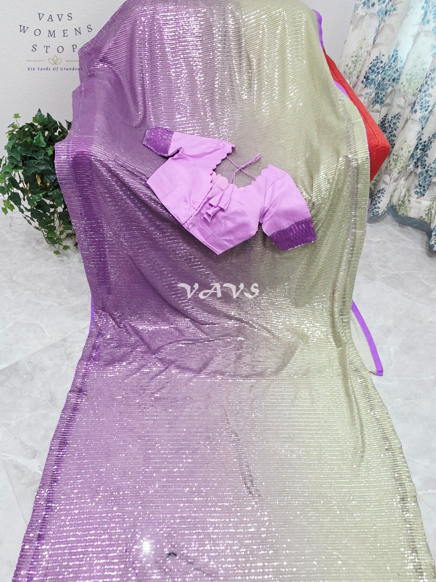 Royal Amethyst Purple & Champagne Gold Ombre Net Sequin Saree with Designer Stitched Blouse