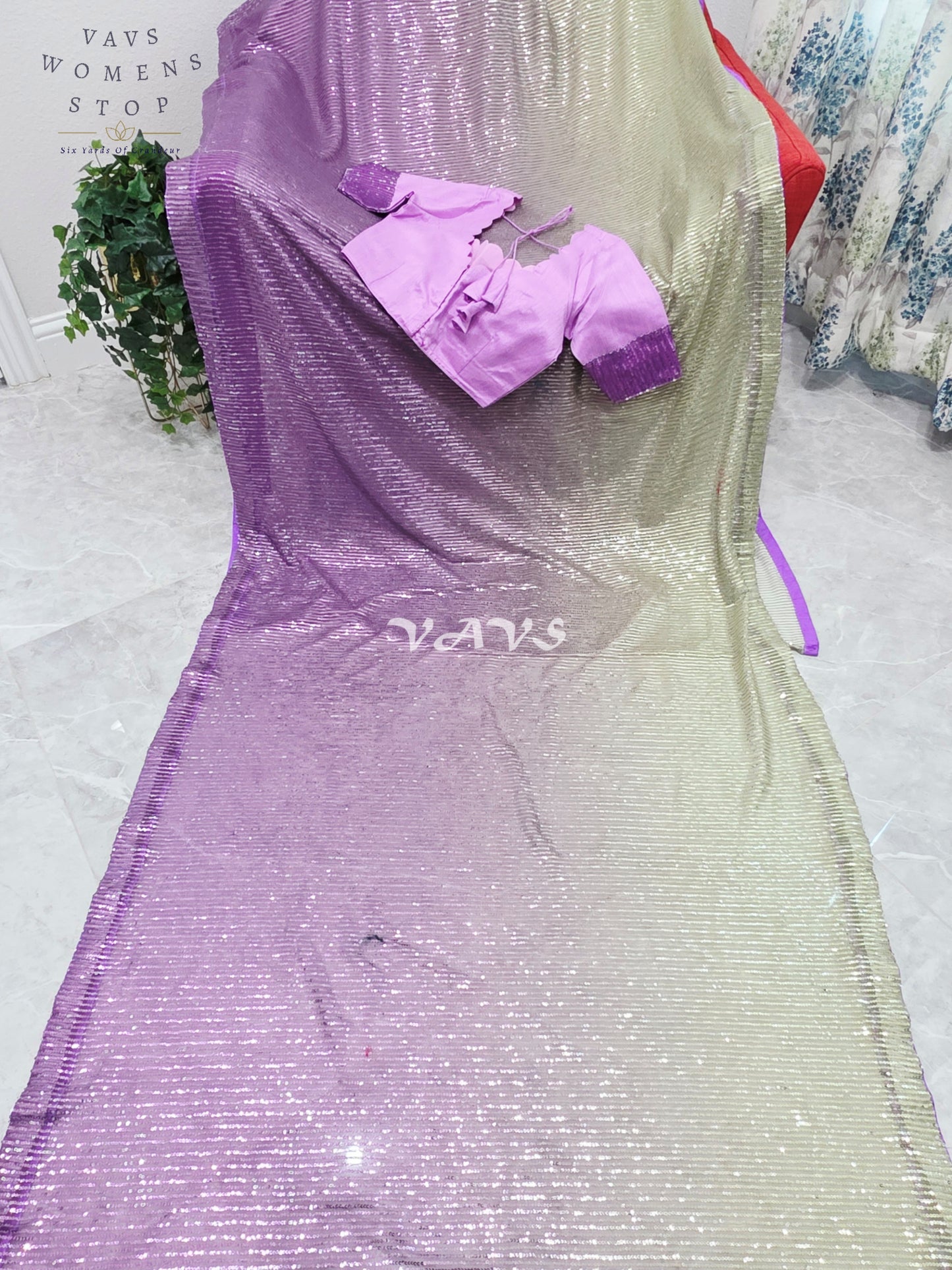 Royal Amethyst Purple & Champagne Gold Ombre Net Sequin Saree with Designer Stitched Blouse