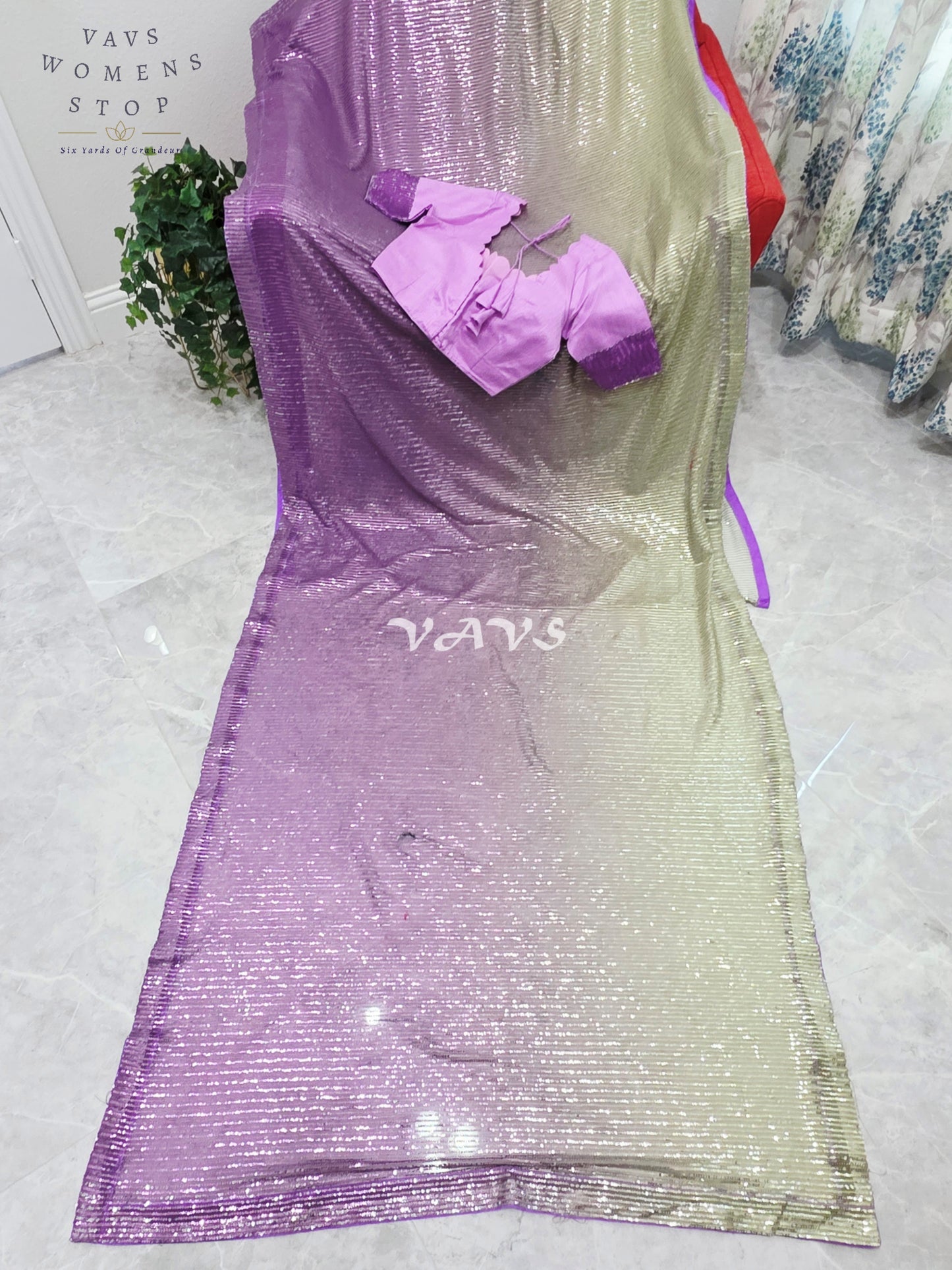 Royal Amethyst Purple & Champagne Gold Ombre Net Sequin Saree with Designer Stitched Blouse