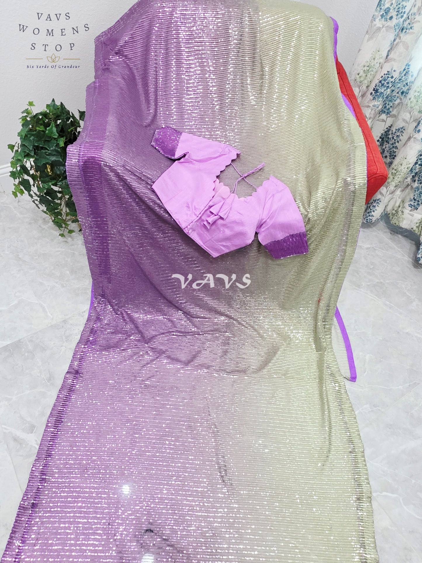 Royal Amethyst Purple & Champagne Gold Ombre Net Sequin Saree with Designer Stitched Blouse