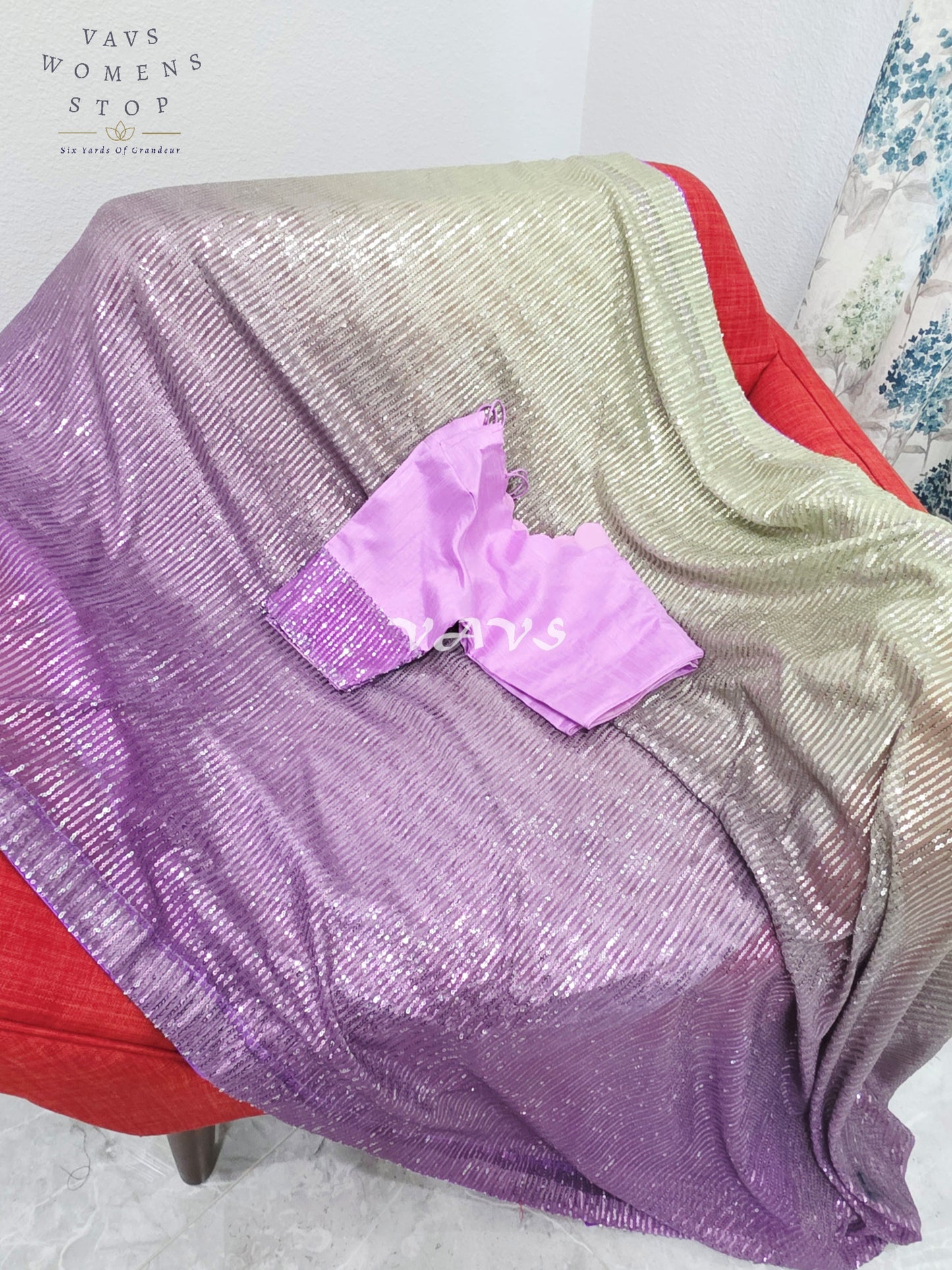 Royal Amethyst Purple & Champagne Gold Ombre Net Sequin Saree with Designer Stitched Blouse