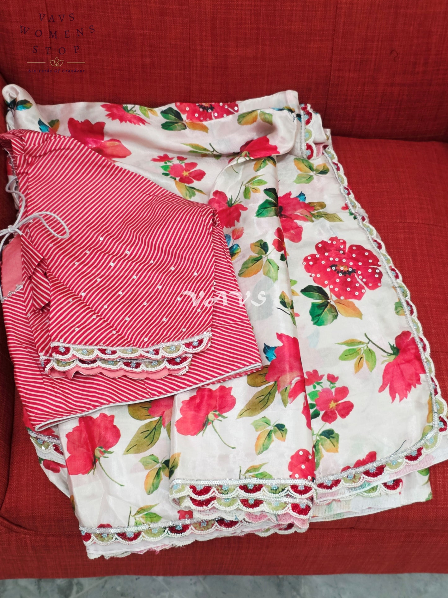Royal Ivory Blush Pure Crepe Floral Print Saree with Vermilion Rose Red Striped Blouse & Scalloped Lace Border