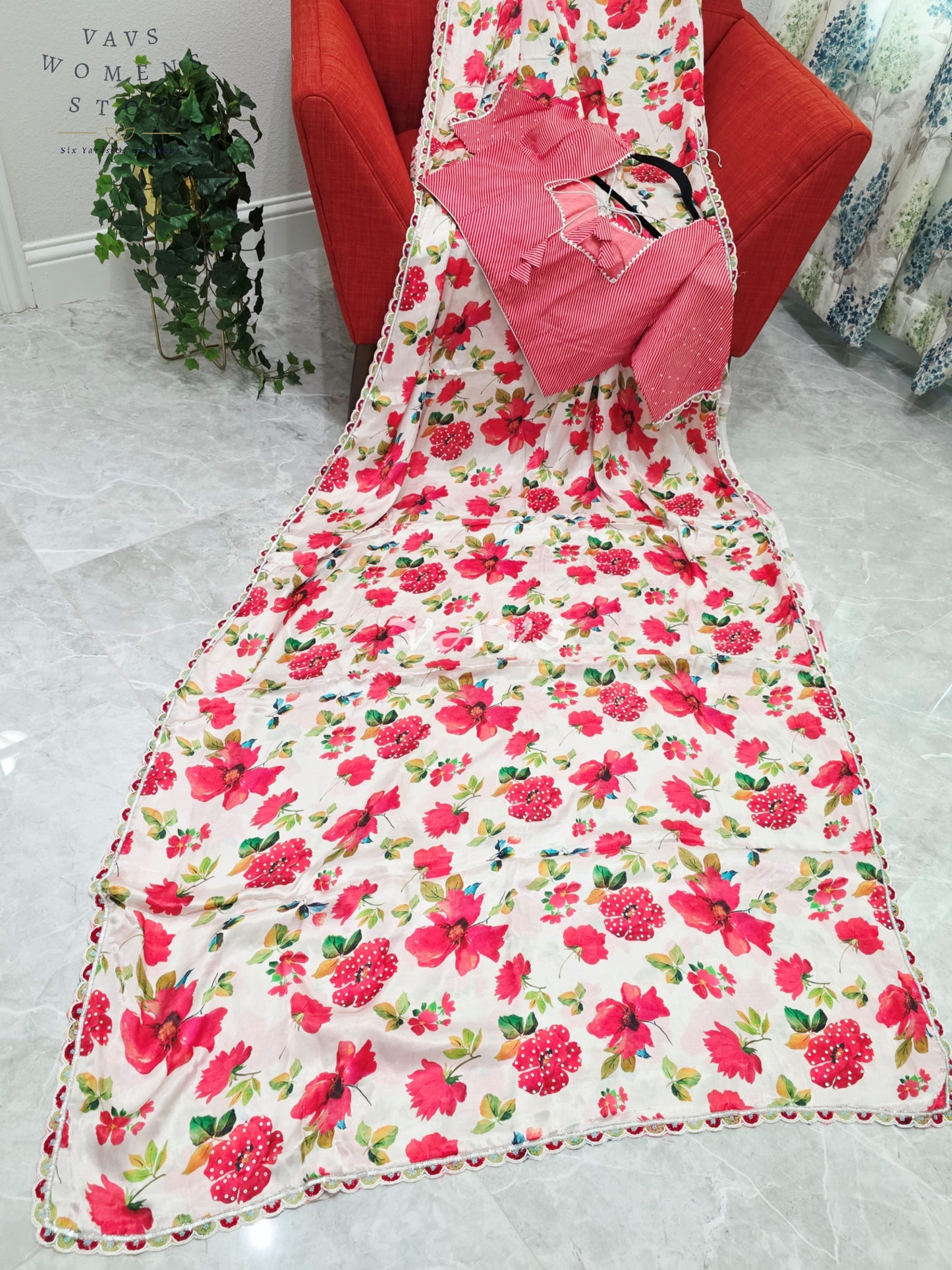 Royal Ivory Blush Pure Crepe Floral Print Saree with Vermilion Rose Red Striped Blouse & Scalloped Lace Border