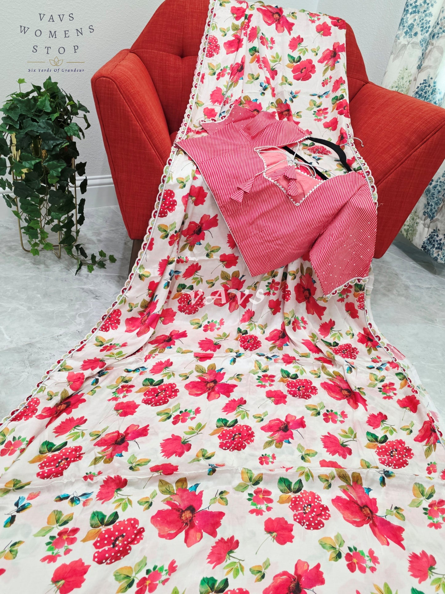 Royal Ivory Blush Pure Crepe Floral Print Saree with Vermilion Rose Red Striped Blouse & Scalloped Lace Border