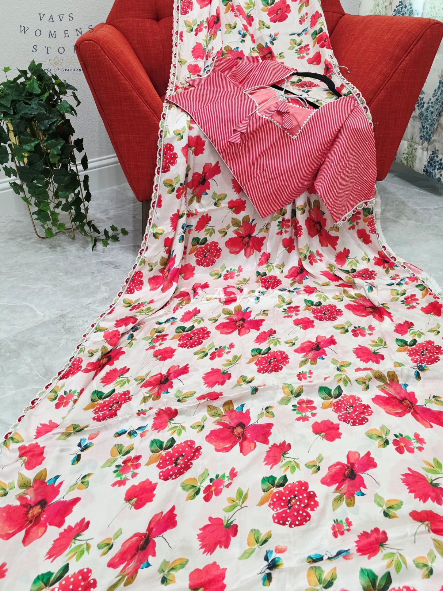 Royal Ivory Blush Pure Crepe Floral Print Saree with Vermilion Rose Red Striped Blouse & Scalloped Lace Border