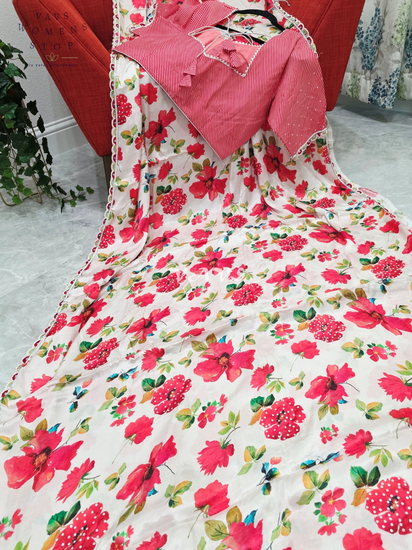 Royal Ivory Blush Pure Crepe Floral Print Saree with Vermilion Rose Red Striped Blouse & Scalloped Lace Border