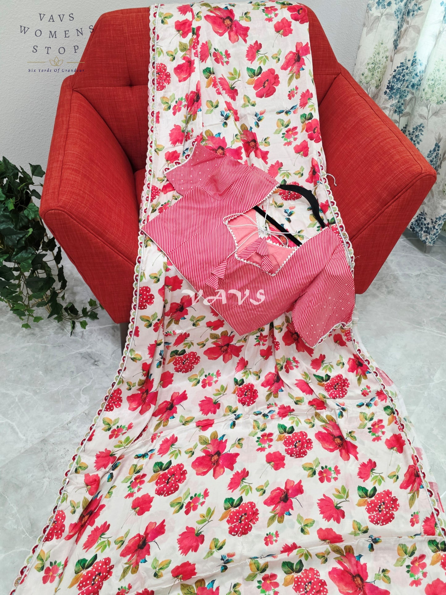 Royal Ivory Blush Pure Crepe Floral Print Saree with Vermilion Rose Red Striped Blouse & Scalloped Lace Border