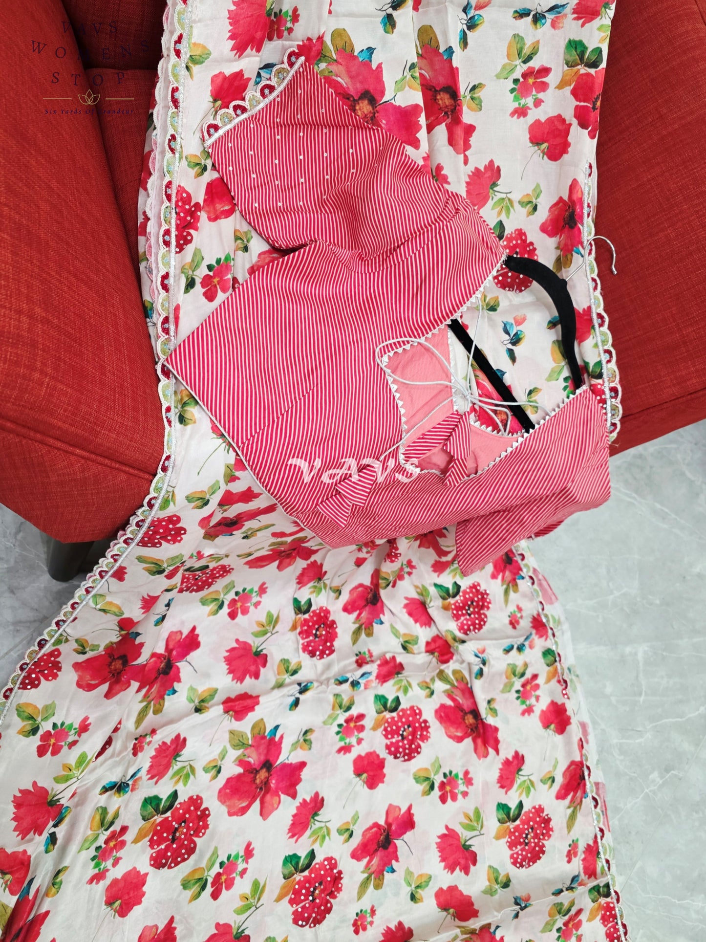 Royal Ivory Blush Pure Crepe Floral Print Saree with Vermilion Rose Red Striped Blouse & Scalloped Lace Border